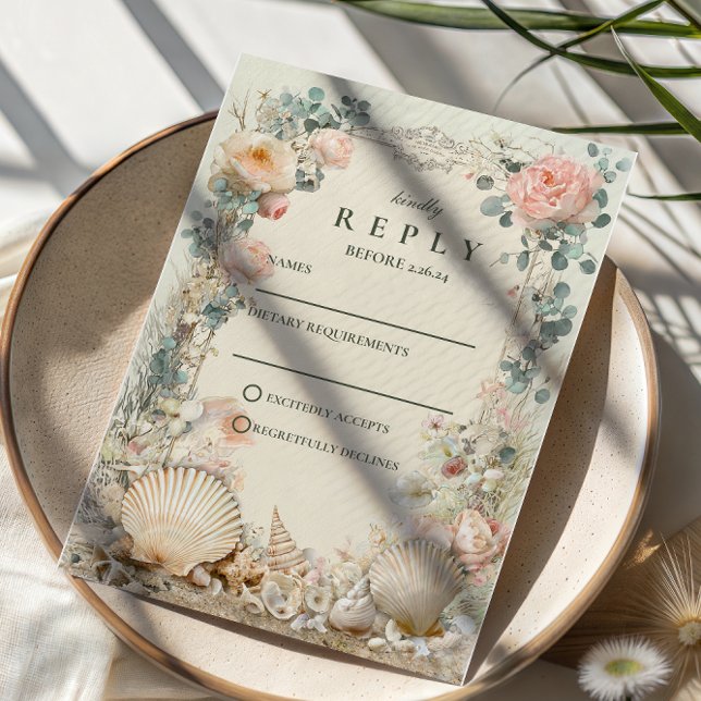 Cartão RSVP Casamento Botânico de Conchas Marinhas Costeiras (Criador carregado)