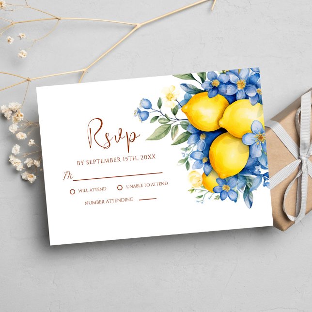 Cartão RSVP Casamento Botânico de Limão de Cor de Água Moderna (Modern Watercolor Lemon Botanical Wedding RSVP Card)