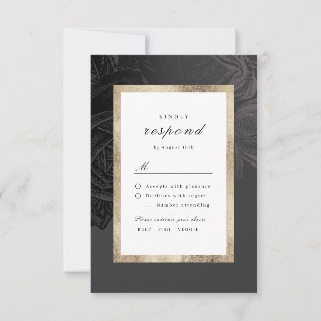 Cartão RSVP Casamento botânico de ouro preto Luxe rosa (Frente)