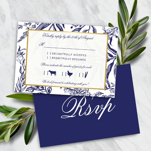 Cartão RSVP Casamento Botânico Dourado do Marinho Elegante Vin (Elegant Vintage Navy Blue Gold Botanical Wedding RSVP Cards)