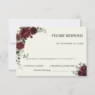 Cartão RSVP Casamento Botânico Elegante Burgundy Dusty Rose