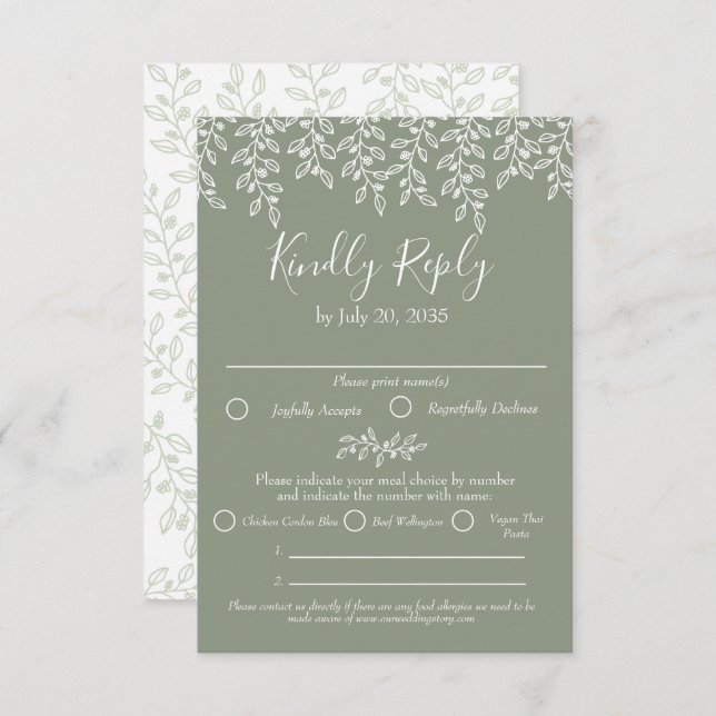 Cartão RSVP Casamento Botânico Elegante Moderno de Sage Green  (Frente/Verso)