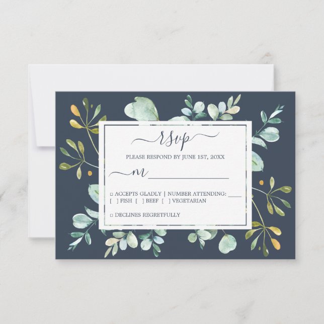 Cartão RSVP Casamento Botânico Eucalipto Verde Azul Marinho Ch (Frente)