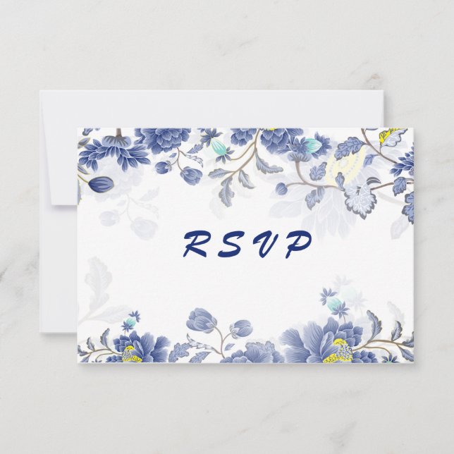 Cartão RSVP Casamento Botânico Floral Azul Elegante (Frente)