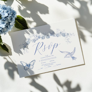 Cartão RSVP Casamento Botânico Floral Chinoiserie Azul