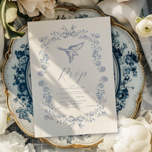 Cartão RSVP Casamento Botânico Floral de Chinoiserie Azul