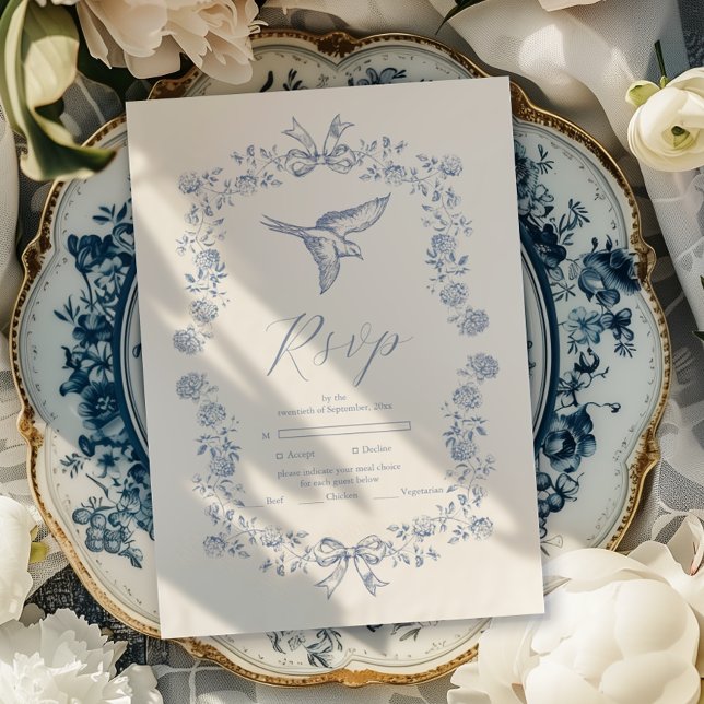 Cartão RSVP Casamento Botânico Floral de Chinoiserie Azul (Criador carregado)