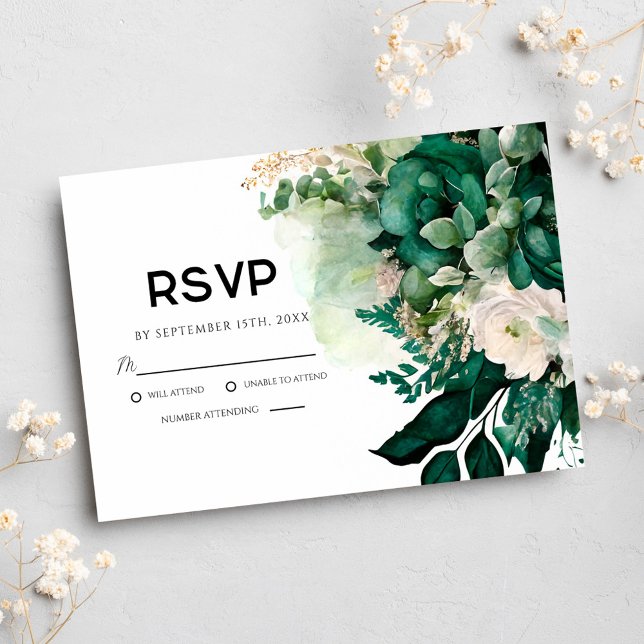 Cartão RSVP Casamento Botânico Floral de Emerald Green (Emerald Green Floral Botanical Wedding RSVP Card)