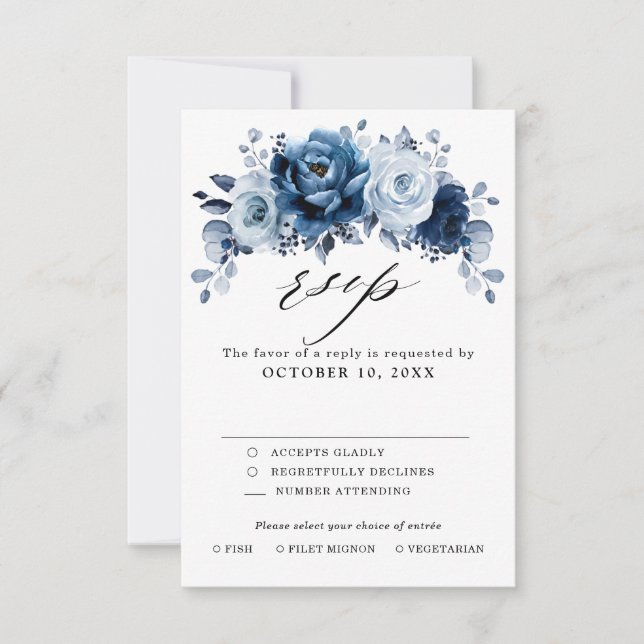 Cartão RSVP Casamento Botânico Floral de Marinho Azul Dusty (Frente)