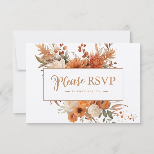 Cartão RSVP Casamento Botânico Floral de Outono Laranja Queima (Frente)
