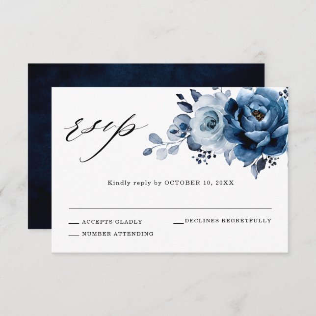 Cartão RSVP Casamento Botânico Floral em Azul Poeira Ardósia N (Frente/Verso)