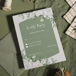Cartão RSVP Casamento Botânico Floral em Verde Sálvia Elegante