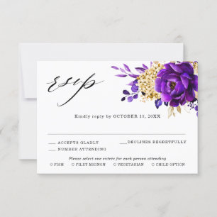 Cartão RSVP Casamento Botânico Floral Roxo Real Dourado