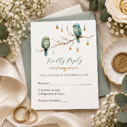 Cartão RSVP Casamento Botânico Florestal de Pássaros Azuis Ele