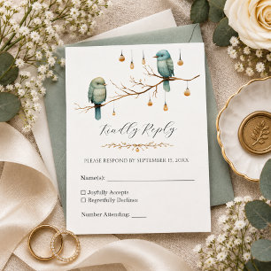Cartão RSVP Casamento Botânico Florestal de Pássaros Azuis Ele