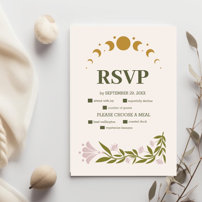 Cartão RSVP Casamento Botânico Místico Vintage (Criador carregado)
