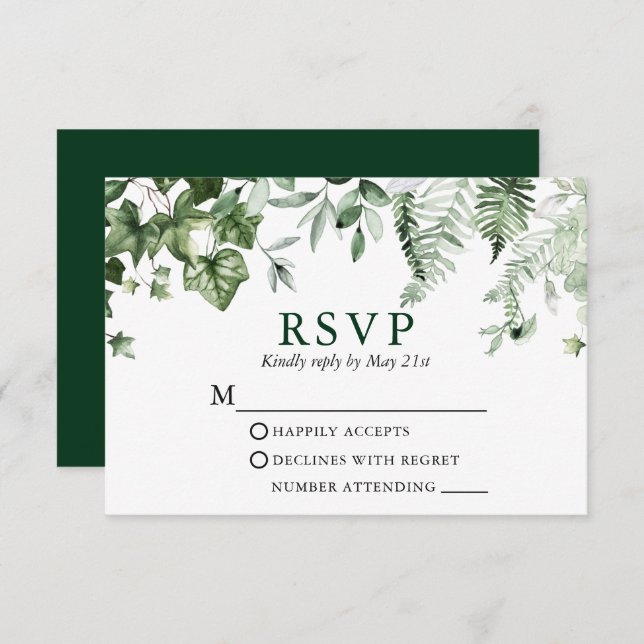 Cartão RSVP Casamento Botânico Moderno Elegante Ivy Greenery (Frente/Verso)