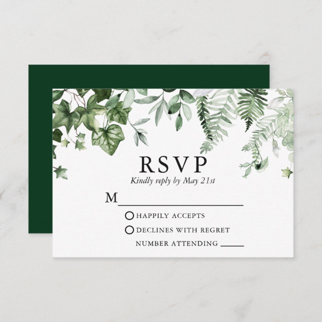 Cartão RSVP Casamento Botânico Moderno Elegante Ivy Sage Green (Frente/Verso)