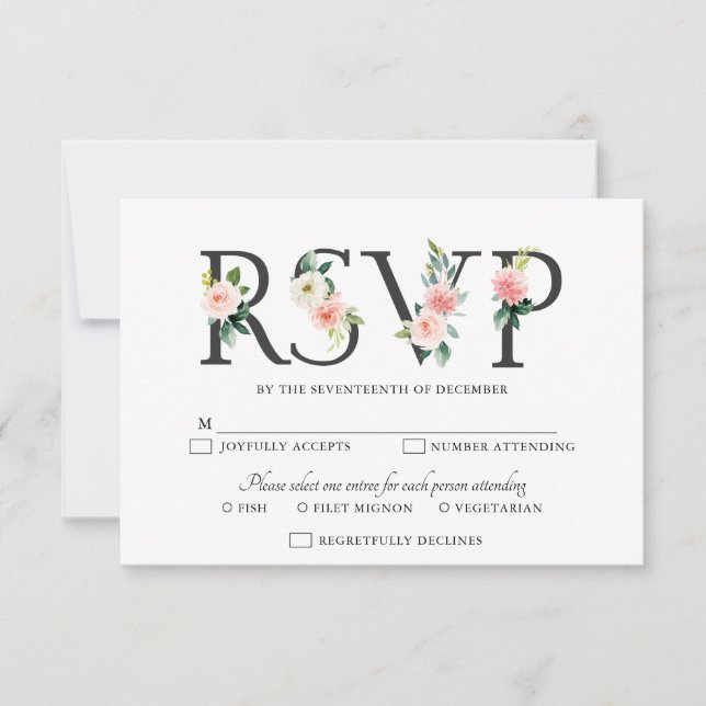 Cartão RSVP Casamento Botânico Moderno - Florais Rosa-Esbranqu (Frente)