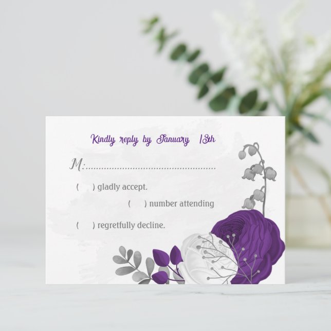 Cartão RSVP casamento botânico prateado com flores brancas rox (Em pé/Frente)