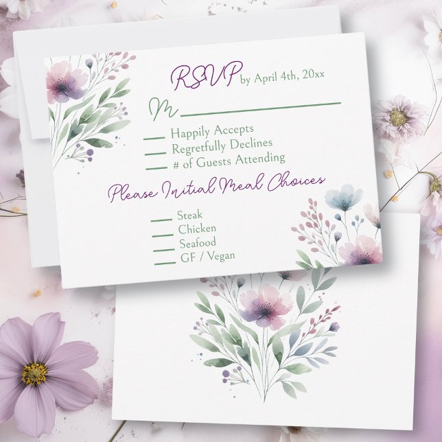 Cartão RSVP Casamento Botânico Púrpura de Sage Verde e Plum (Criador carregado)