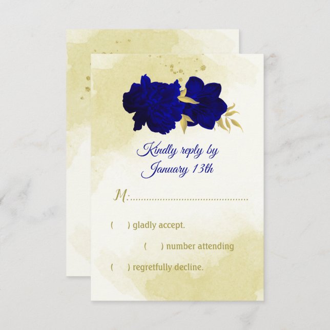 Cartão RSVP Casamento botânico real com flores azuis (Frente/Verso)