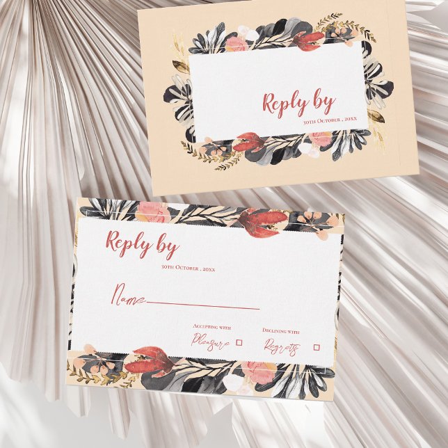 Cartão RSVP Casamento Botânico Romântico Blush & Preto Floral (Romantic Blush & Black Floral Botanical Wedding RSVP Card)