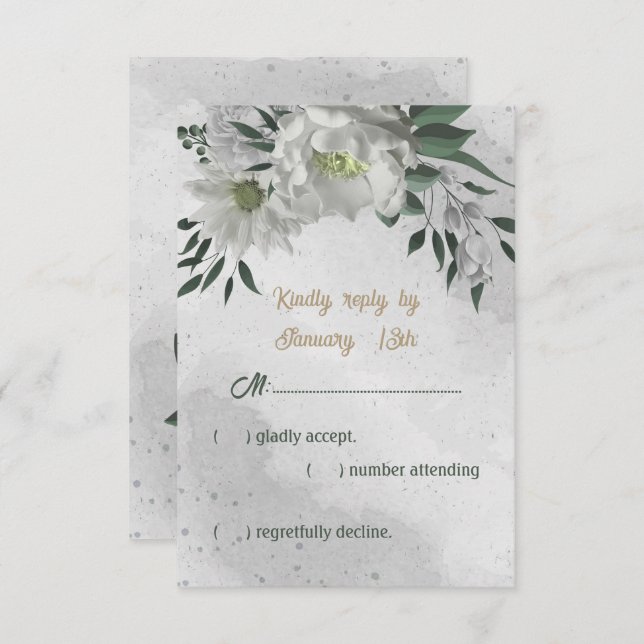 Cartão RSVP casamento botânico romântico de flores brancas (Frente/Verso)