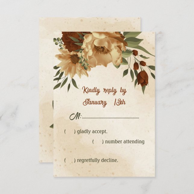 Cartão RSVP casamento botânico rústico de terracotta floral (Frente/Verso)