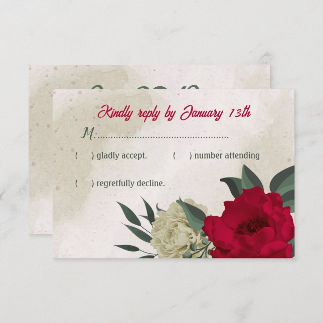 Cartão RSVP casamento botânico vermelho-amarelo-claro (Frente/Verso)