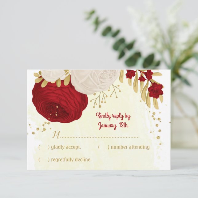Cartão RSVP casamento botânico vermelho-escuro e flores branca (Em pé/Frente)