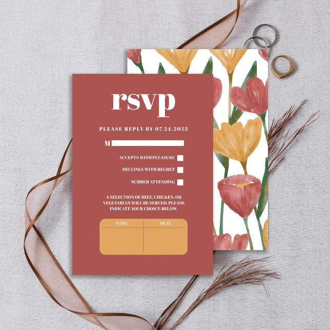 Cartão RSVP Casamento Botânico Vermelho Primavera de Verão (Criador carregado)