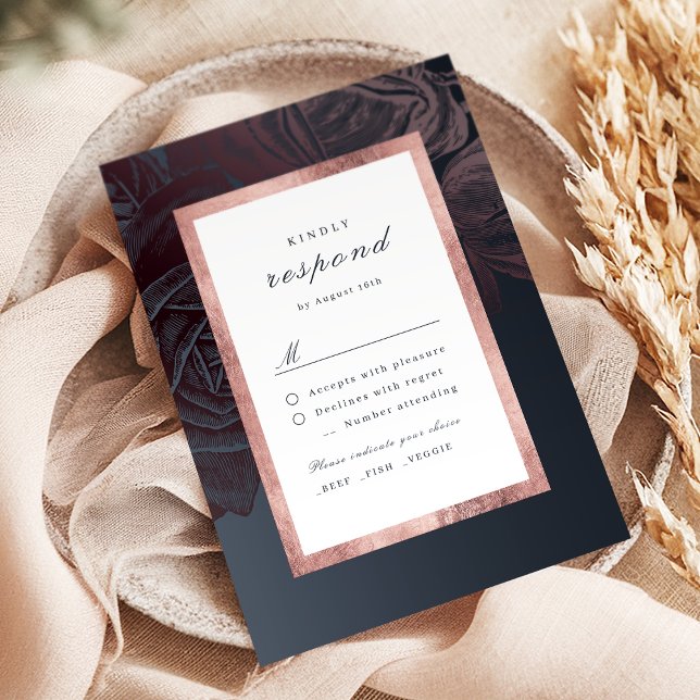 Cartão RSVP Casamento botânico vintage luxuoso rosa dourado (Luxe rose gold moody vintage botanical wedding RSVP card)