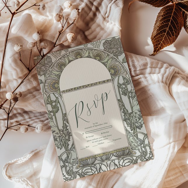 Cartão RSVP Casamento Bougainvillea Green Art Nouveau Mucha (Criador carregado)
