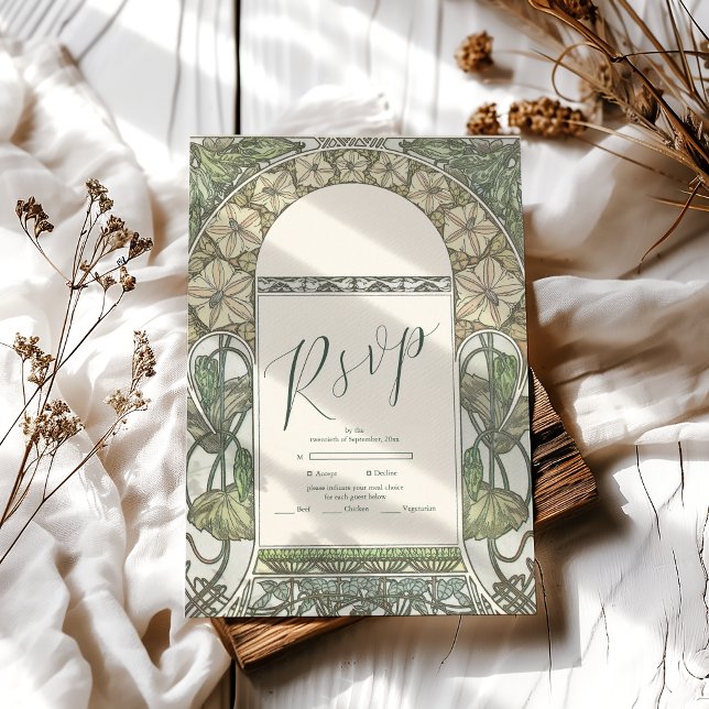 Cartão RSVP Casamento Bougainvillea Green Art Nouveau Mucha (Criador carregado)