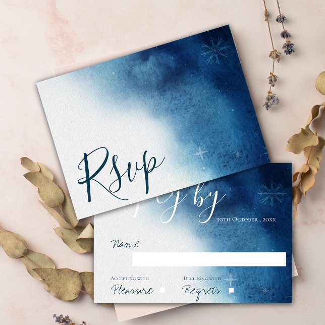 Cartão RSVP Casamento Branca Branca Com Neve (Whimsical Blue White Snowflake Wedding RSVP Card)