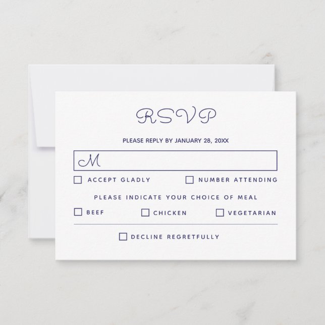 Cartão RSVP Casamento Branco Azul Elegante (Frente)