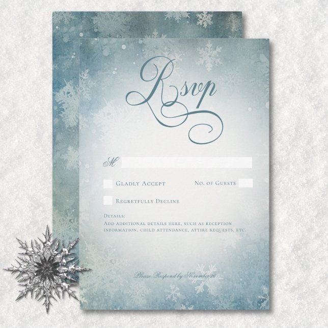 Cartão RSVP Casamento Branco Azul Neve Romântico Queda Sem Jan (Romantic Falling Snow Blue White Wedding No Dinner RSVP Card)