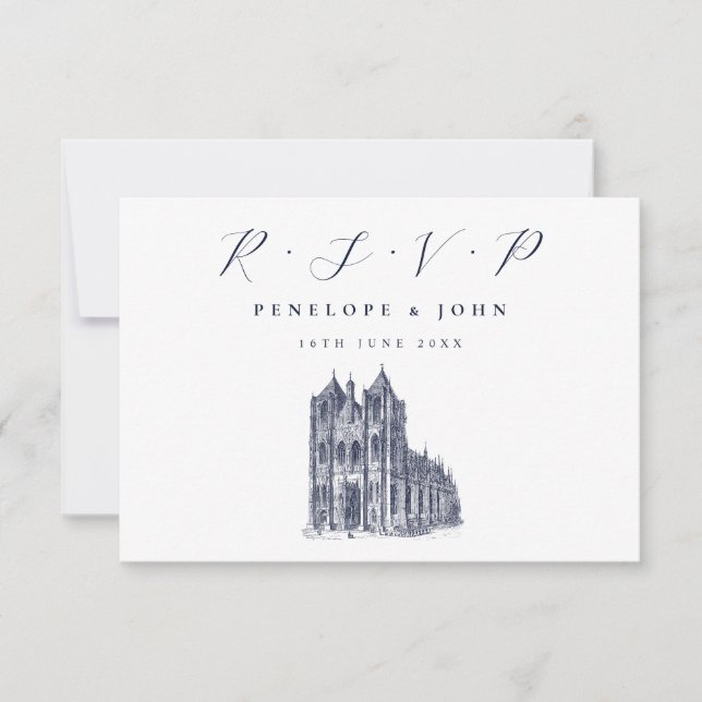 Cartão RSVP Casamento Branco da Ilustração da Catedral Elegant (Frente)