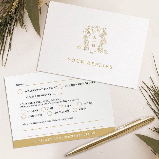 Cartão RSVP Casamento branco desenhado pela mão da crista card (Criador carregado)