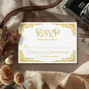 Cartão RSVP Casamento Branco Dourado Vintage 