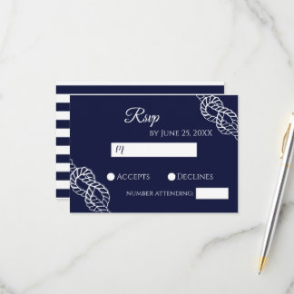 Cartão RSVP Casamento Branco e Marinho da Corda Náutica do cas