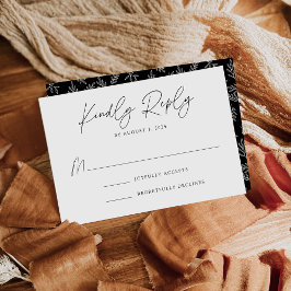 Cartão RSVP Casamento Branco e Negro Botânico Moderno