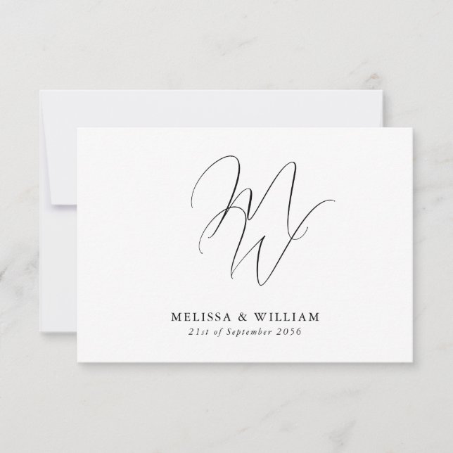 Cartão RSVP Casamento Branco e Negro Elegante do Monograma Mod (Frente)