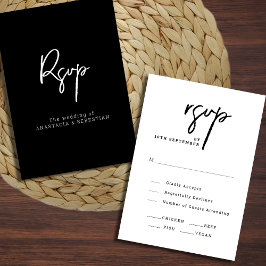 Cartão RSVP Casamento Branco e Preto com Script Simples