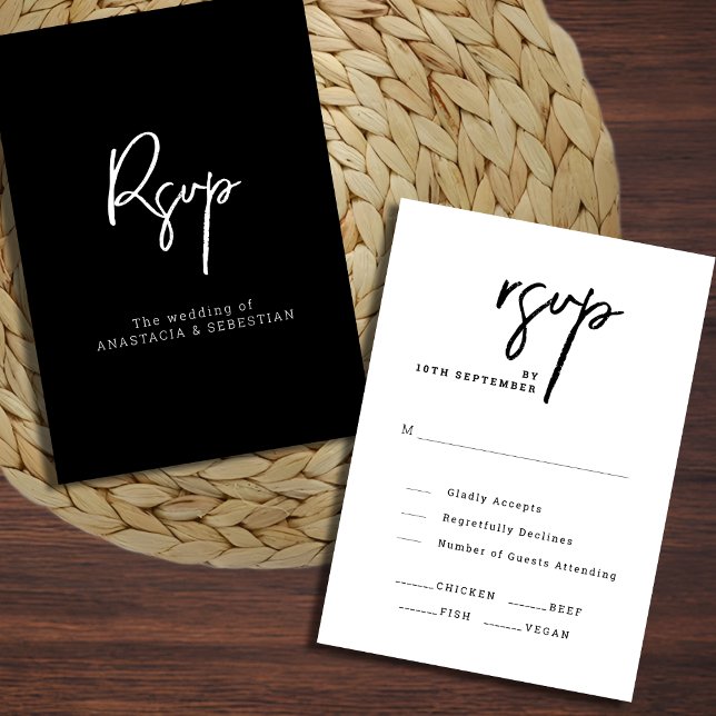 Cartão RSVP Casamento Branco e Preto com Script Simples (Simple Elegant Script Chic Black and White Wedding RSVP Card)