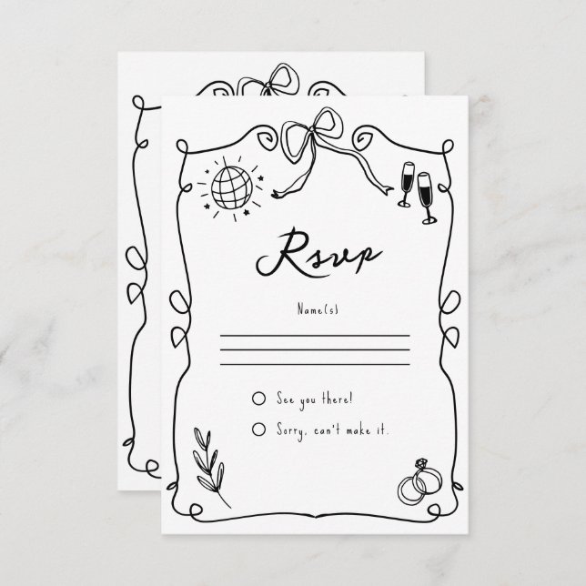 Cartão RSVP Casamento branco e preto desenhado na mão (Frente/Verso)
