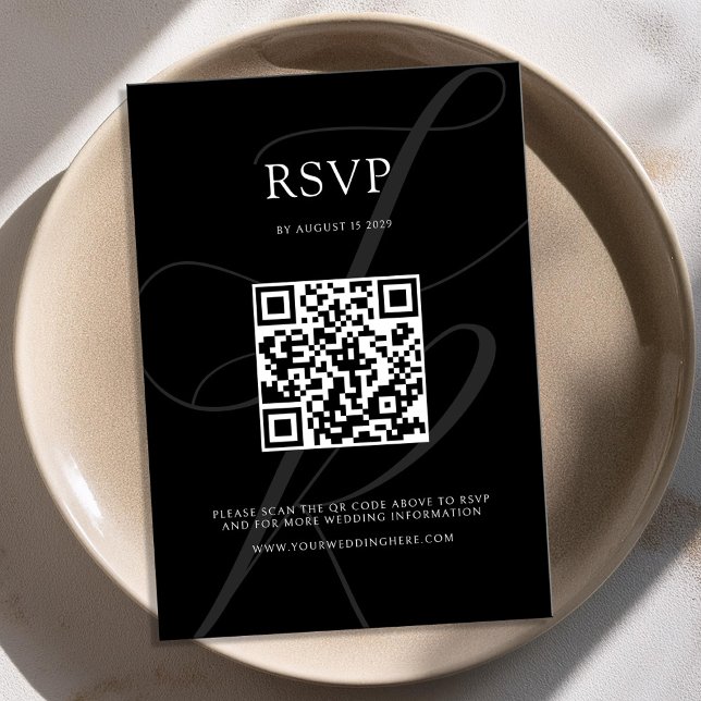 Cartão RSVP Casamento branco e preto do monograma minimalista  (Criador carregado)