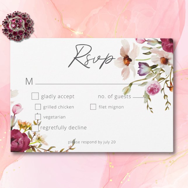 Cartão RSVP Casamento Branco Floral do Verão Elegante Moderno (Modern Elegant Summer Meadow Floral White Wedding RSVP Card)