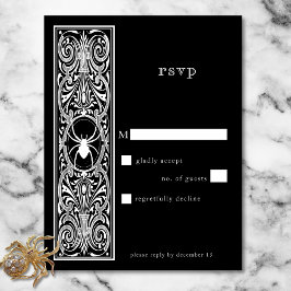 Cartão RSVP Casamento Branco Negro de Aranha Gótica Sem Janto